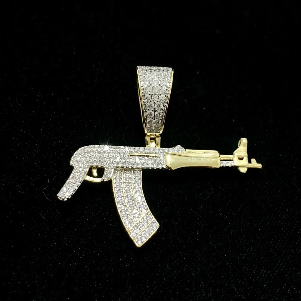 EXCLUSIVE AK47 PENDANT NECKLACE 18K GOLD FULL LAB DIAMONDS CHAIN MADE IN ITALY!